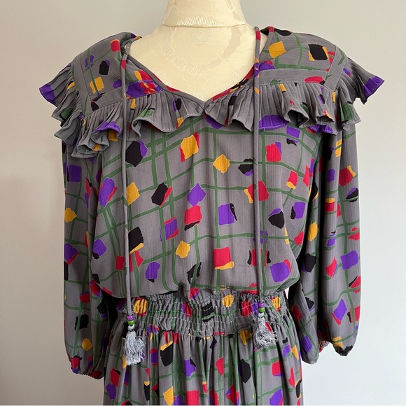 Vintage 80s Diane Freis Georgette Dress L XL Long Sleeves Gray Geometric Pattern - Picture 3 of 14